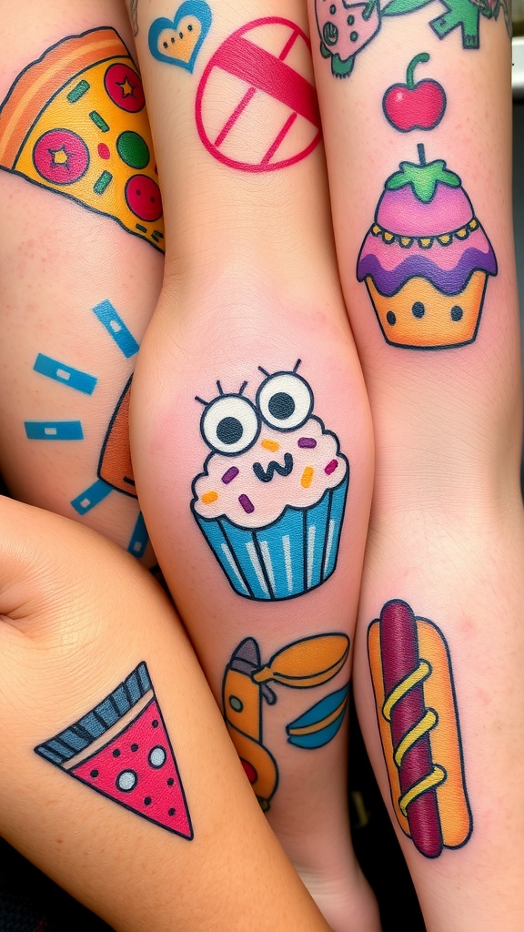 Creative Snack-Inspired Tattoo Designs A variety of fun snack-inspired tattoos including pizza, cupcake, and hot dog designs on skin.
